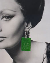 Load image into Gallery viewer, silver stud earrings with green dyed jade rectangular elements
