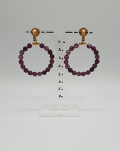 Load image into Gallery viewer, golden metal clip-on earrings with purple agate beads
