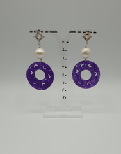 Load image into Gallery viewer, silver strass stud earrings with pearls and purple dyed jade element
