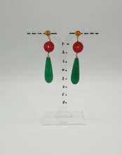 Load image into Gallery viewer, gold plated stud earrings with red dyed coral and green jade drops
