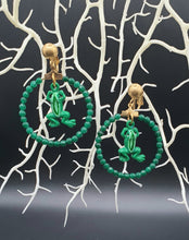 Load image into Gallery viewer, golden metal clip-on with green dyed jade beads and painted tin frogs
