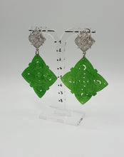 Load image into Gallery viewer, NEW rhinestone stud earrings with square green dyed jade element
