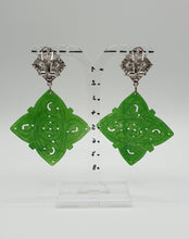 Load image into Gallery viewer, NEW rhinestone stud earrings with square green dyed jade element
