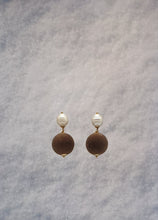 Load image into Gallery viewer, gold plated silver pearl studs with brown velvet spheres
