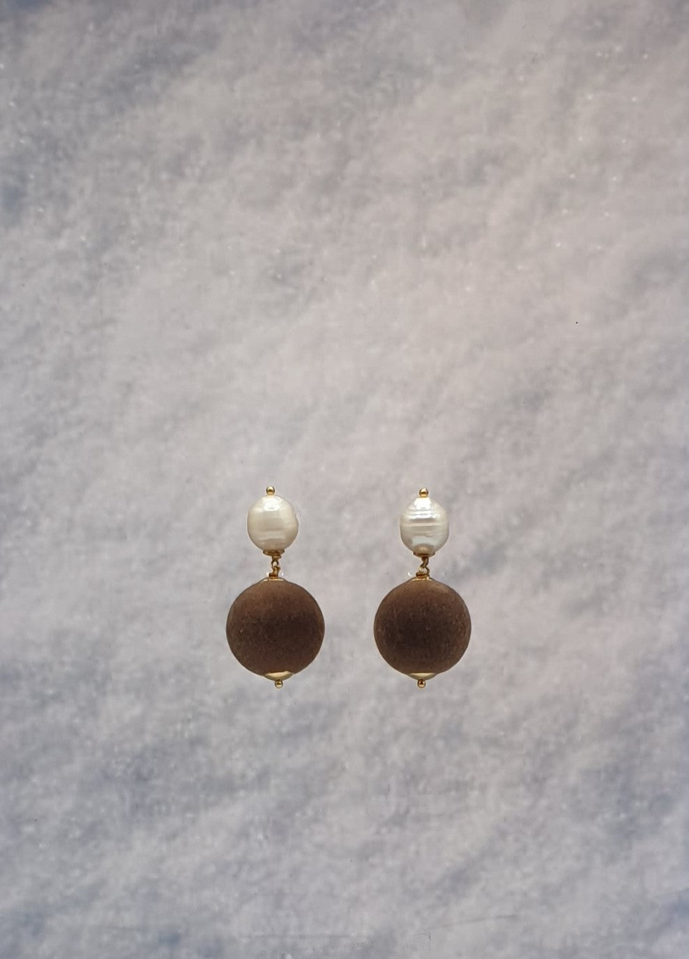 gold plated silver pearl studs with brown velvet spheres