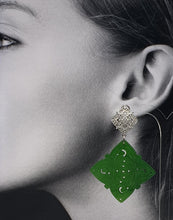 Load image into Gallery viewer, NEW rhinestone stud earrings with square green dyed jade element
