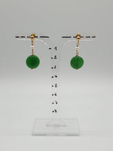Load image into Gallery viewer, golden metal stud earrings with mini pearl and green dyed jade element
