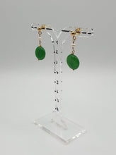 Load image into Gallery viewer, golden metal stud earrings with mini pearl and green dyed jade element

