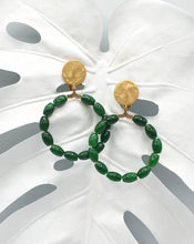 Load image into Gallery viewer, golden metal clip-on earrings with oval green jade beads
