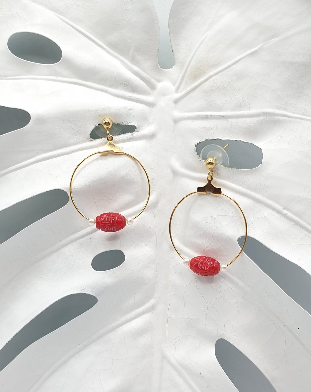 gold plated silver stud earrings with red jade oval bead