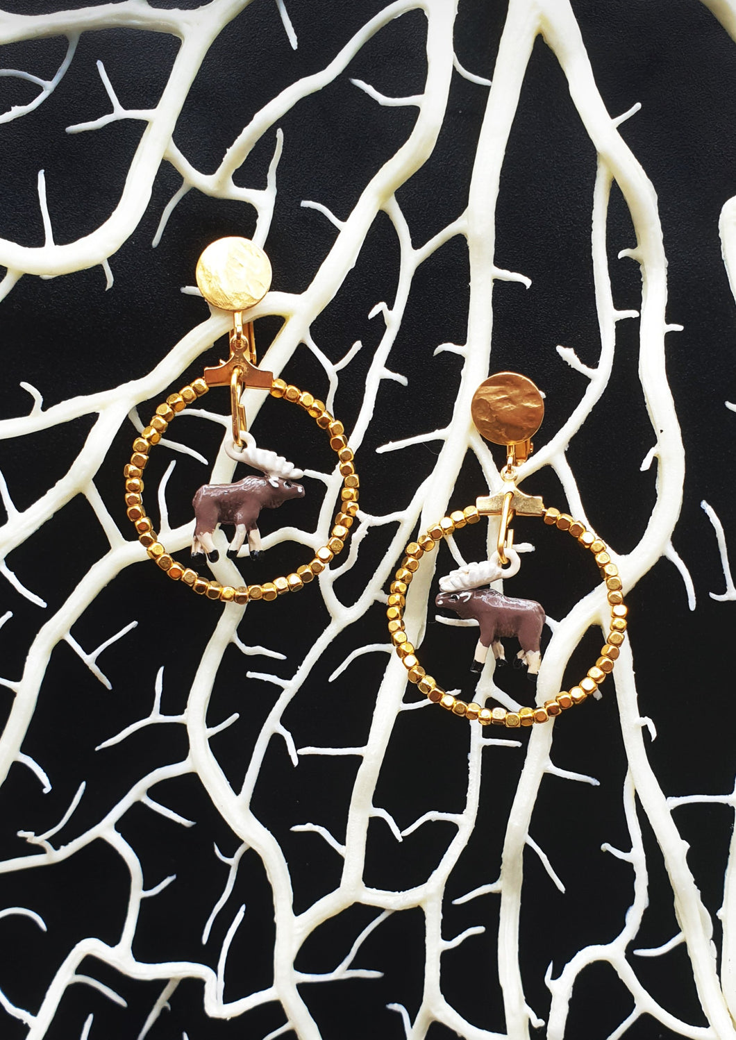 NEW golden metal clip-on earrings with gold plated beads and handpainted elk