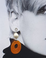 Load image into Gallery viewer, silver rhinestone stud earrings with pearls and orange dyed jade
