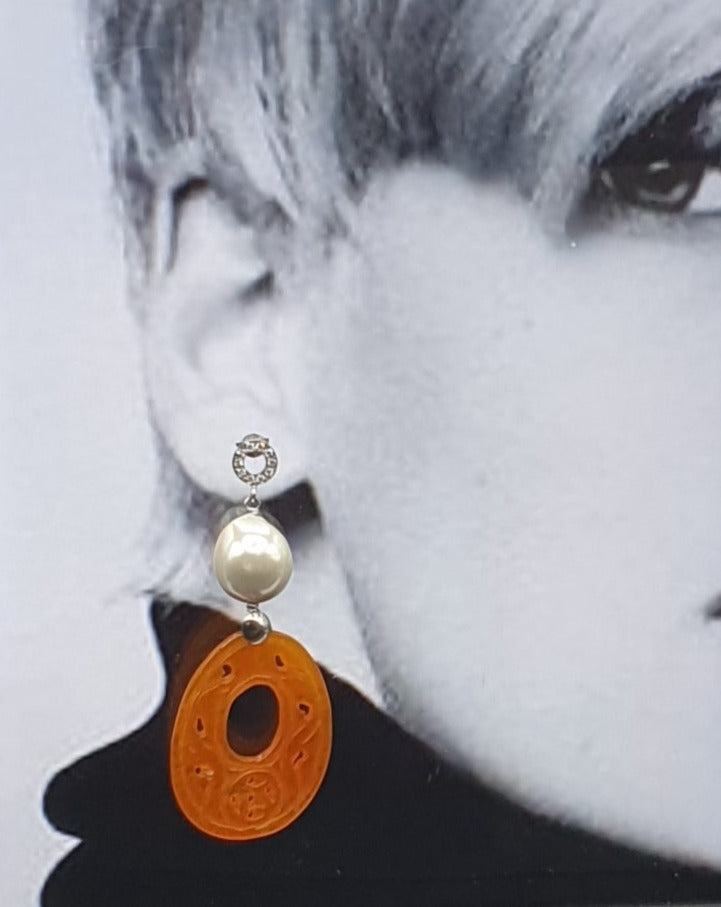 silver rhinestone stud earrings with pearls and orange dyed jade