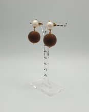 Load image into Gallery viewer, gold plated silver pearl studs with brown velvet spheres
