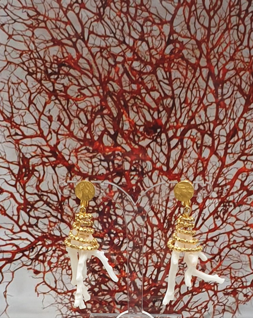 white coral branches and gold plated beads on clip-on earrings