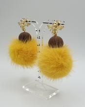 Load image into Gallery viewer, bee stud earrings with brown velvet beads and yellow dyed mink
