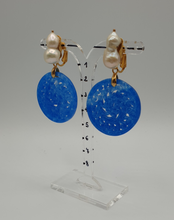 Load image into Gallery viewer, double pearl clip-on earrings with coloured blue jade element
