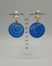 Load image into Gallery viewer, double pearl clip-on earrings with coloured blue jade element
