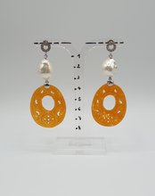 Load image into Gallery viewer, silver rhinestone stud earrings with pearls and orange dyed jade
