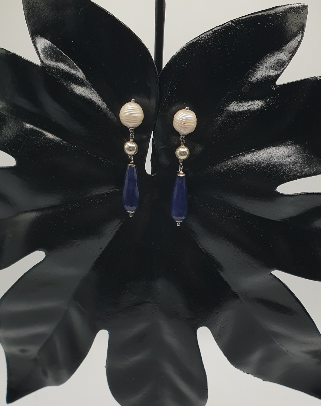 pearl stud earrings with silver beads and lapis lazuli drops