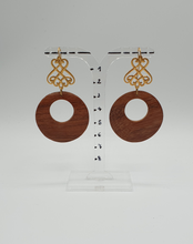 Load image into Gallery viewer, NEW golden metal dangle earrings with brown wooden element

