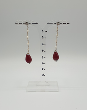 Load image into Gallery viewer, silver stud earrings with mini pearls and dyed red jade drops
