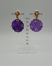 Load image into Gallery viewer, triple pearl clip-on earrings with purple dyed jade element

