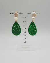 Load image into Gallery viewer, pearl stud earrings with green dyed jade element
