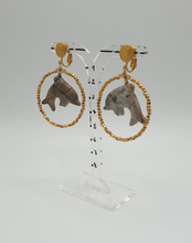 Load image into Gallery viewer, golden metal clip-on earrings with gold plaited beads and agate dolphins
