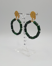 Load image into Gallery viewer, golden metal clip-on earrings with green jade &quot;tube beads&quot;
