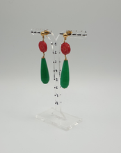 Load image into Gallery viewer, gold plated stud earrings with red dyed coral and green jade drops
