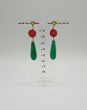 Load image into Gallery viewer, gold plated stud earrings with red dyed coral and green jade drops
