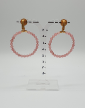 Load image into Gallery viewer, golden metal clip-on earrings with rose-coloured jade beads
