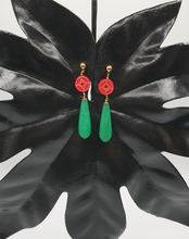 Load image into Gallery viewer, gold plated stud earrings with red dyed coral and green jade drops
