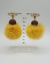 Load image into Gallery viewer, bee stud earrings with brown velvet beads and yellow dyed mink
