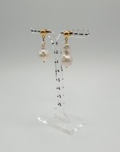 Load image into Gallery viewer, gold plated silver stud earrings with long drop pearls
