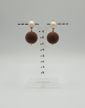 Load image into Gallery viewer, gold plated silver pearl studs with brown velvet spheres
