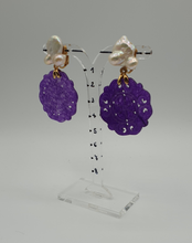 Load image into Gallery viewer, triple pearl clip-on earrings with purple dyed jade element
