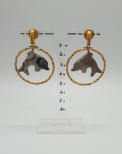 Load image into Gallery viewer, golden metal clip-on earrings with gold plaited beads and agate dolphins
