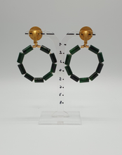 Load image into Gallery viewer, golden metal clip-on earrings with green jade &quot;tube beads&quot;
