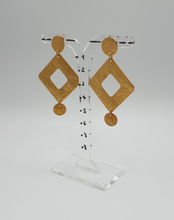 Load image into Gallery viewer, golden metal stud earrings with decorative square elements
