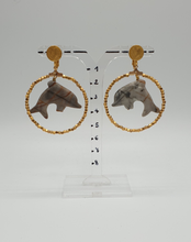 Load image into Gallery viewer, golden metal clip-on earrings with gold plaited beads and agate dolphins
