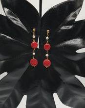 Load image into Gallery viewer, gold plated silver stud earrings with mini pearls and red coral disks
