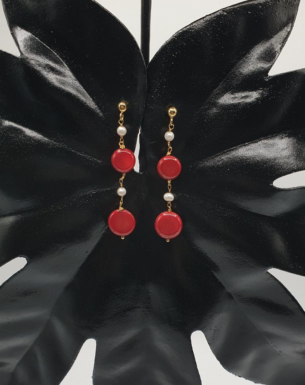 gold plated silver stud earrings with mini pearls and red coral disks